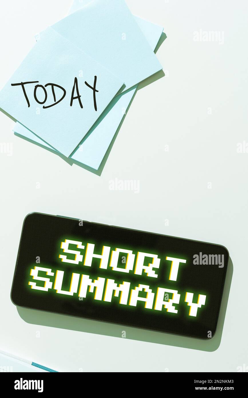 Text caption presenting Short Summary. Word for Brief statement of main