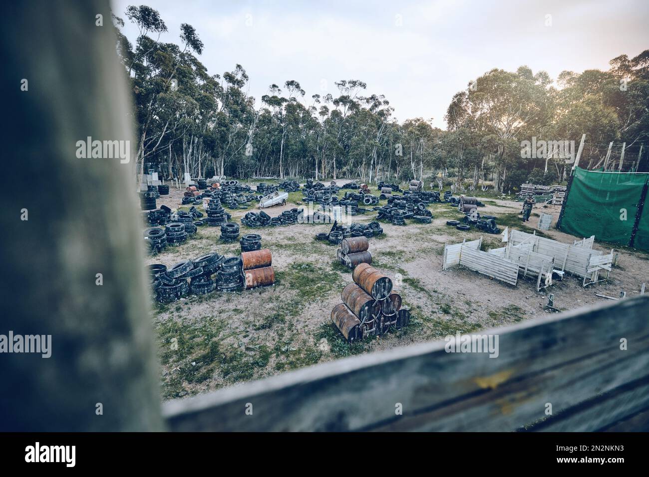 Paintball field, no people and battle army ground in nature in the