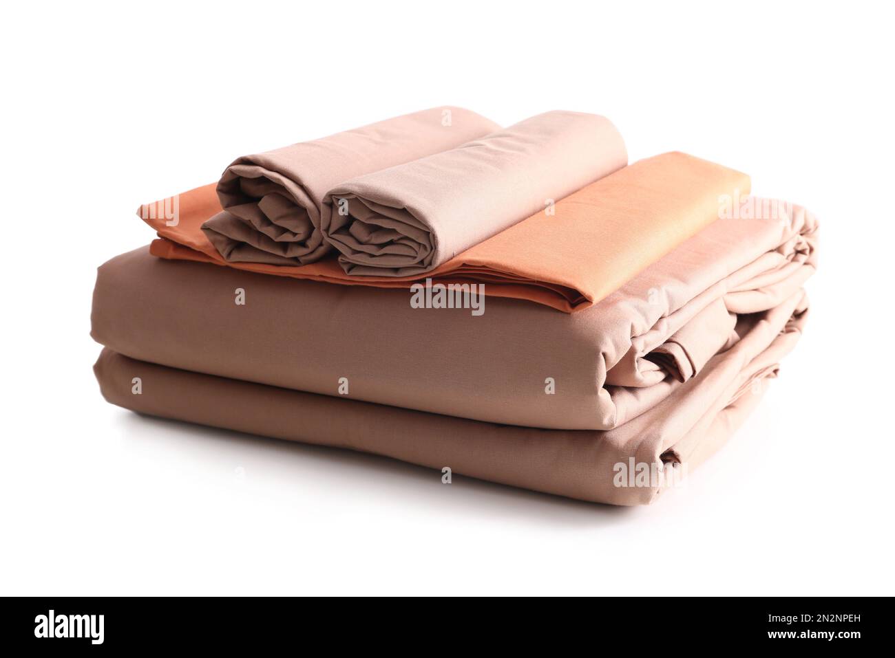 Stack of clean bed sheets isolated on white Stock Photo Alamy