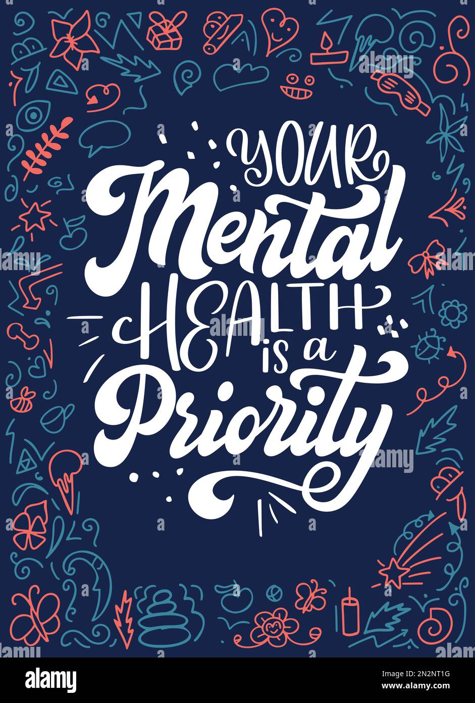 Self care mental heath quote in hand drawn lettering. Unique inspirational text slogan for print, poster, coaching. Vector illustration Stock Vector