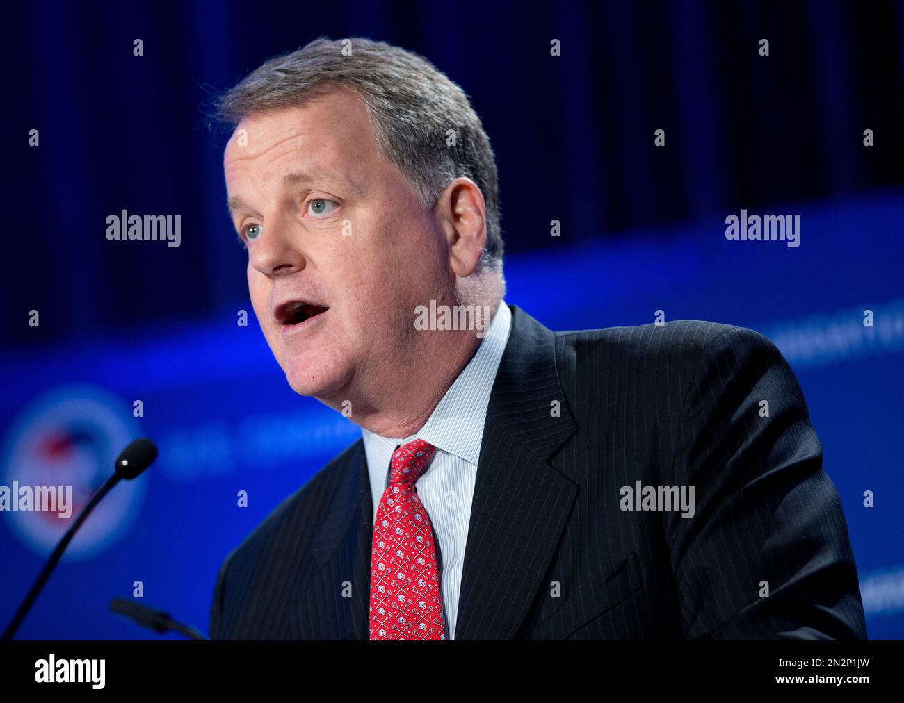 W. Douglas Parker, CEO, American Airlines Group, speaks at the 14th Annual Aviation Summit in Washington, Tuesday, March 17, 2015. (AP Photo/Pablo Martinez Monsivais) Stock Photo