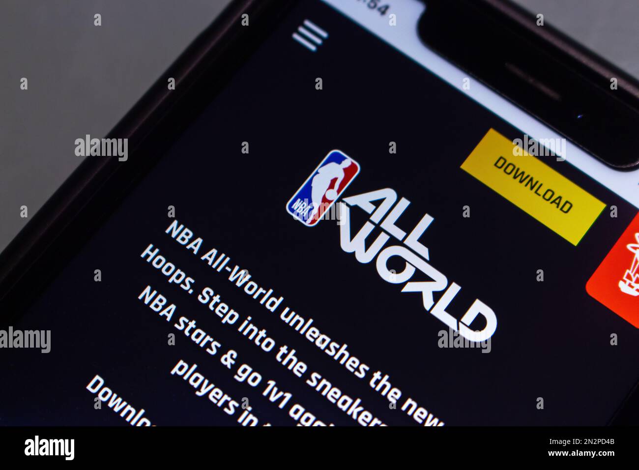 Website of NBA All-World, free-to-play officially licensed geolocation (the real-life locations) NBA lifestyle and basketball game, seen in an iPhone Stock Photo