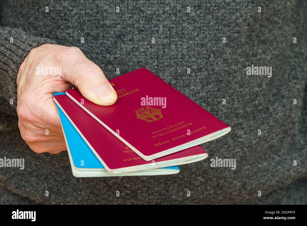Male hand holds out two German passports. Close up. Stock Photo