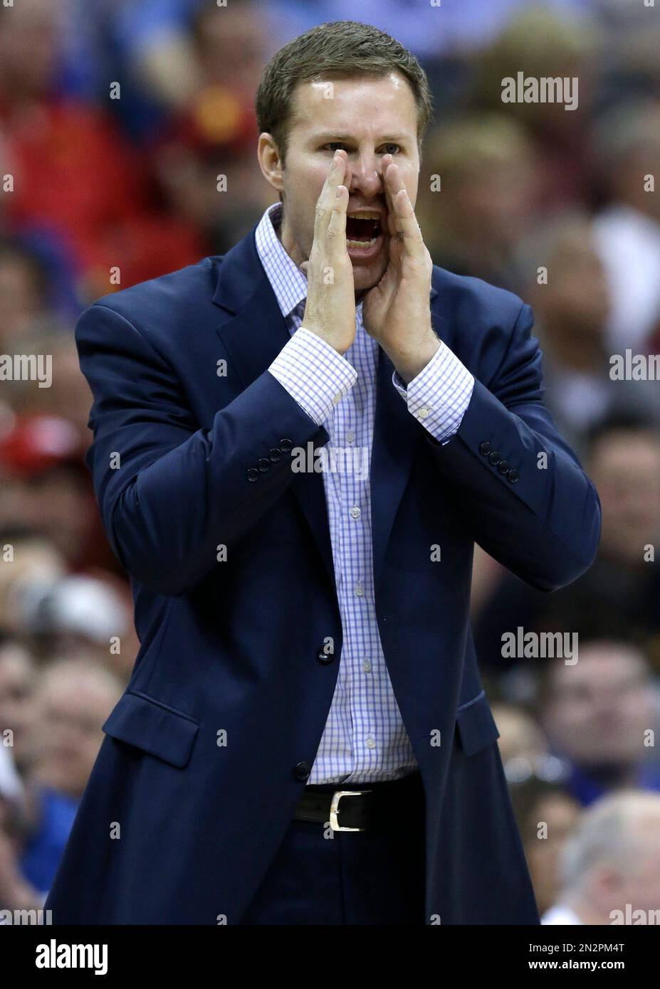 Iowa State coach Fred Hoiberg yells to his team during the second half