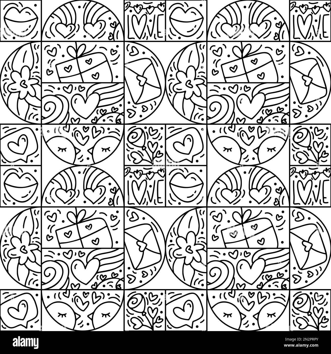 Valentines logo vector seamless pattern line love, bird, lips, heart