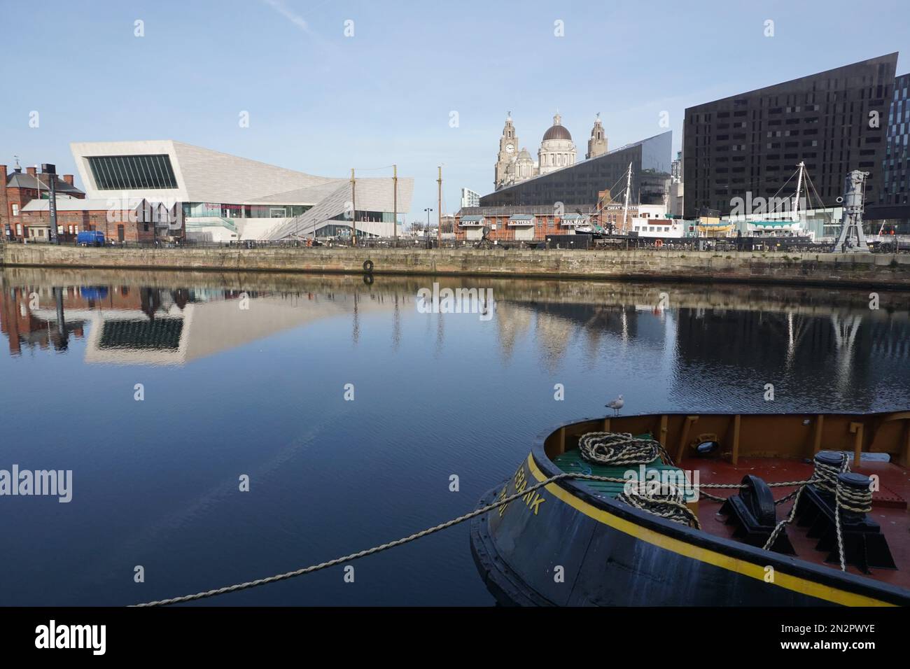 View of Museum of Liverpool and Three Graces in the Distance Stock Photo