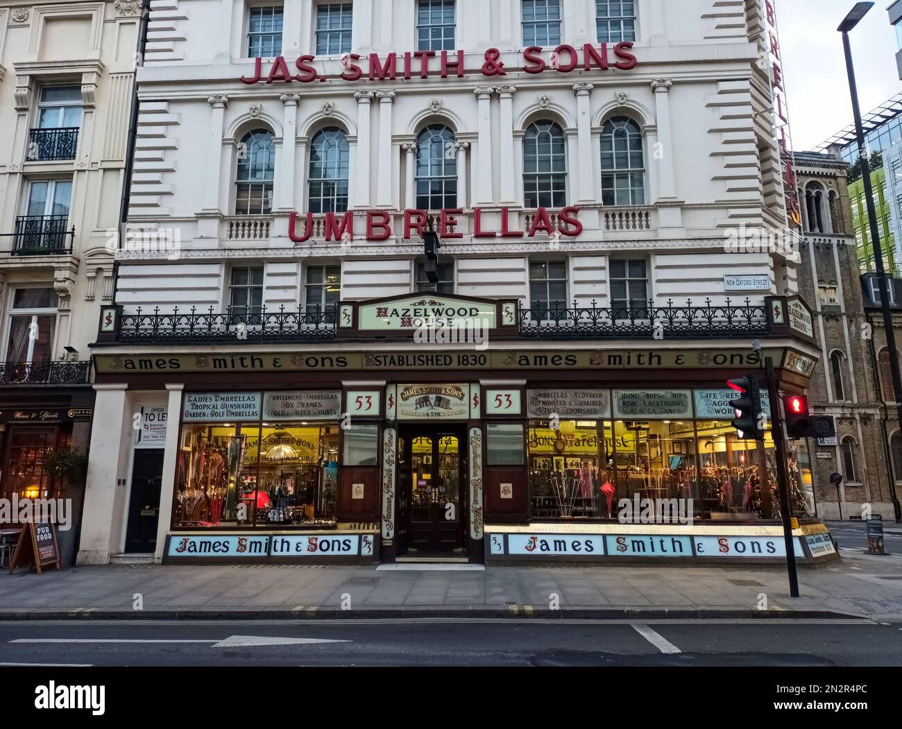 Victorian era Hazelwood House is home to James Smith & Sons Umbrella Shop, known as 'The Umbrella Shop' in central London, UK Stock Photo