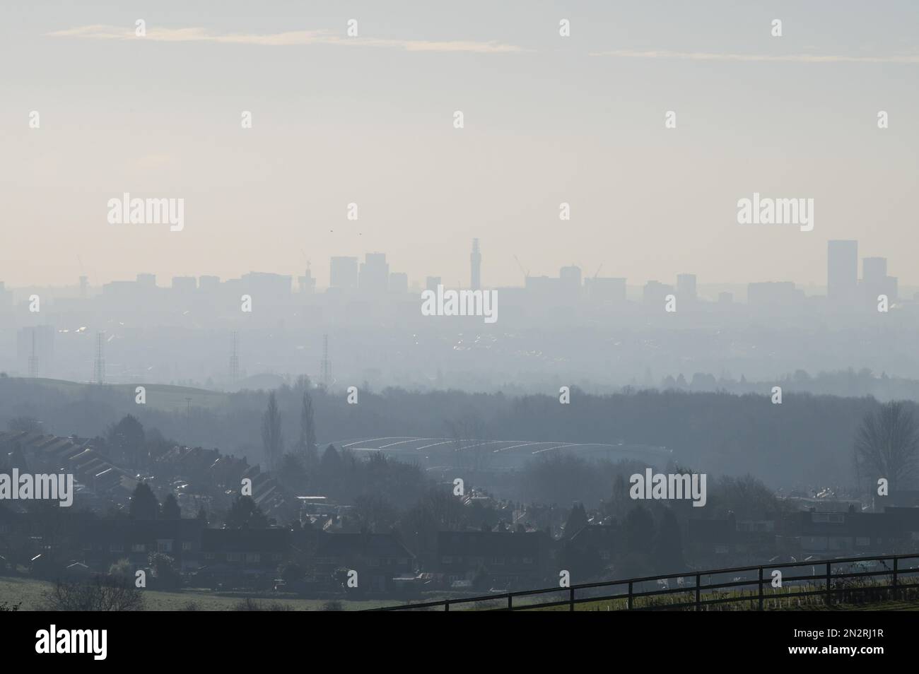 Barr Beacon, Walsall February 7th 2023 - Mist covers the whole of the city of Birmingham on Tuesday morning. The view of the skyline was taken from Barr Beacon, Walsall. Credit: Katie Stewart/Alamy Live News Stock Photo