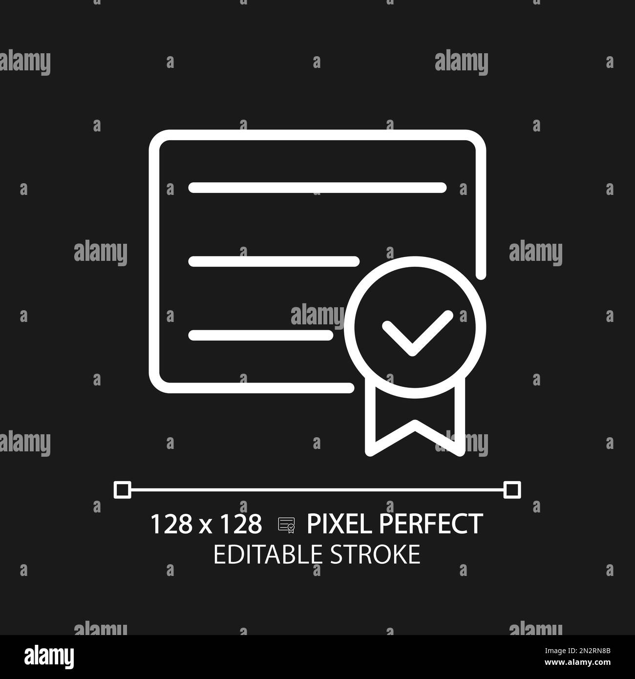 Diploma with check mark pixel perfect white linear icon for dark theme Stock Vector