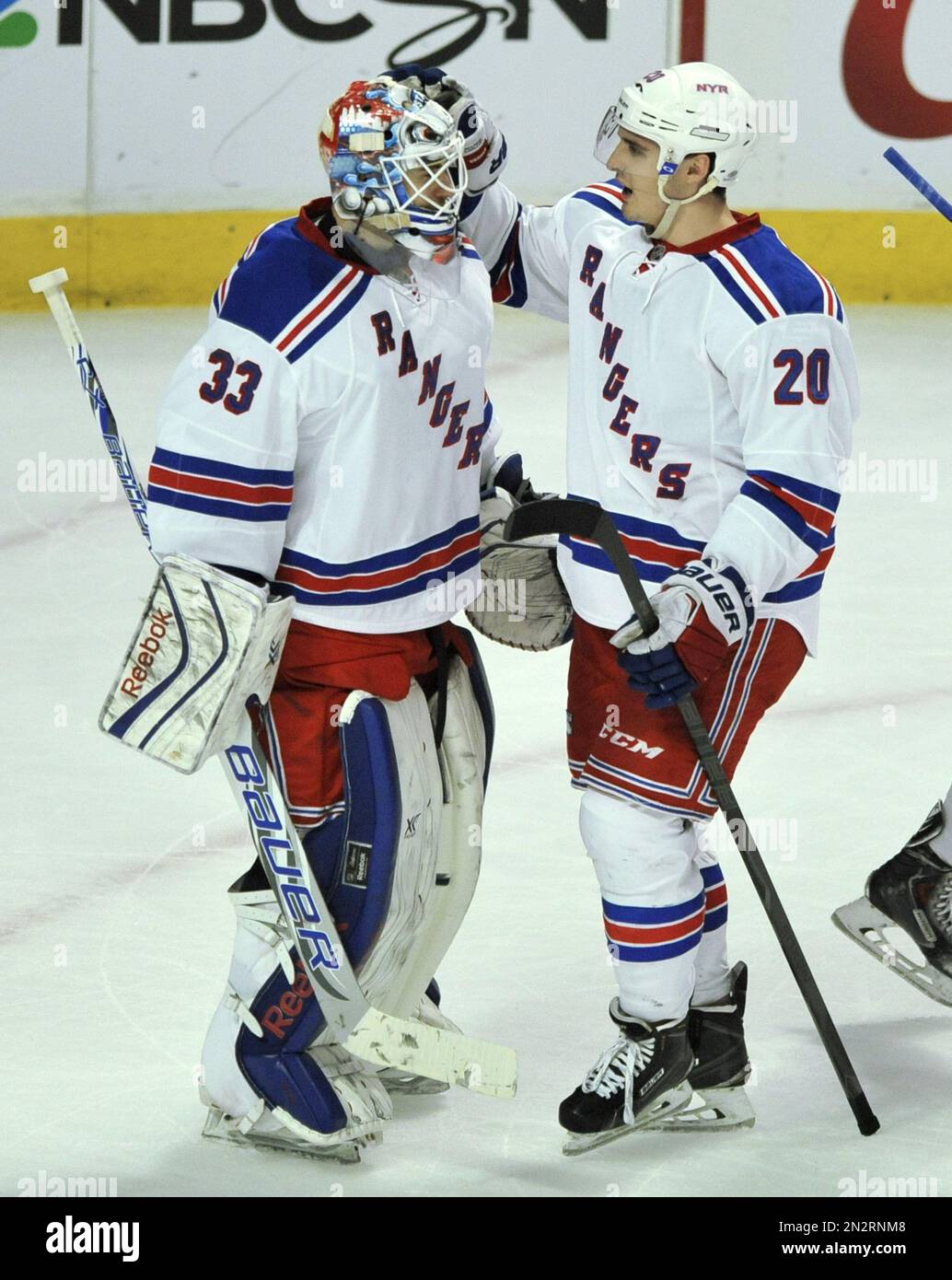 New York Rangers Chris Kreider 20 Celebrates With Goalie Cam Talbot 33 After Defeating The 