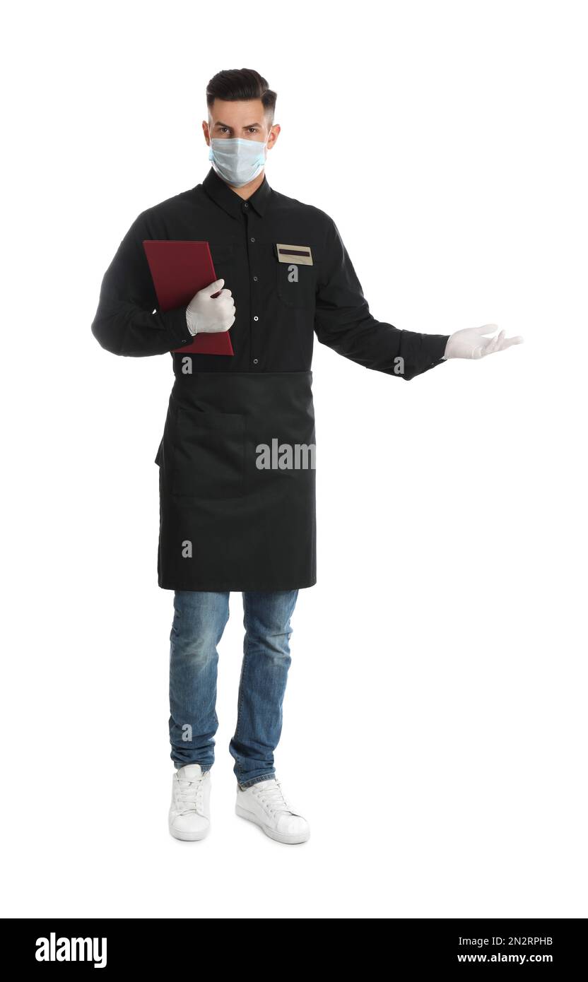 Waiter in medical face mask with menu on white background Stock Photo ...