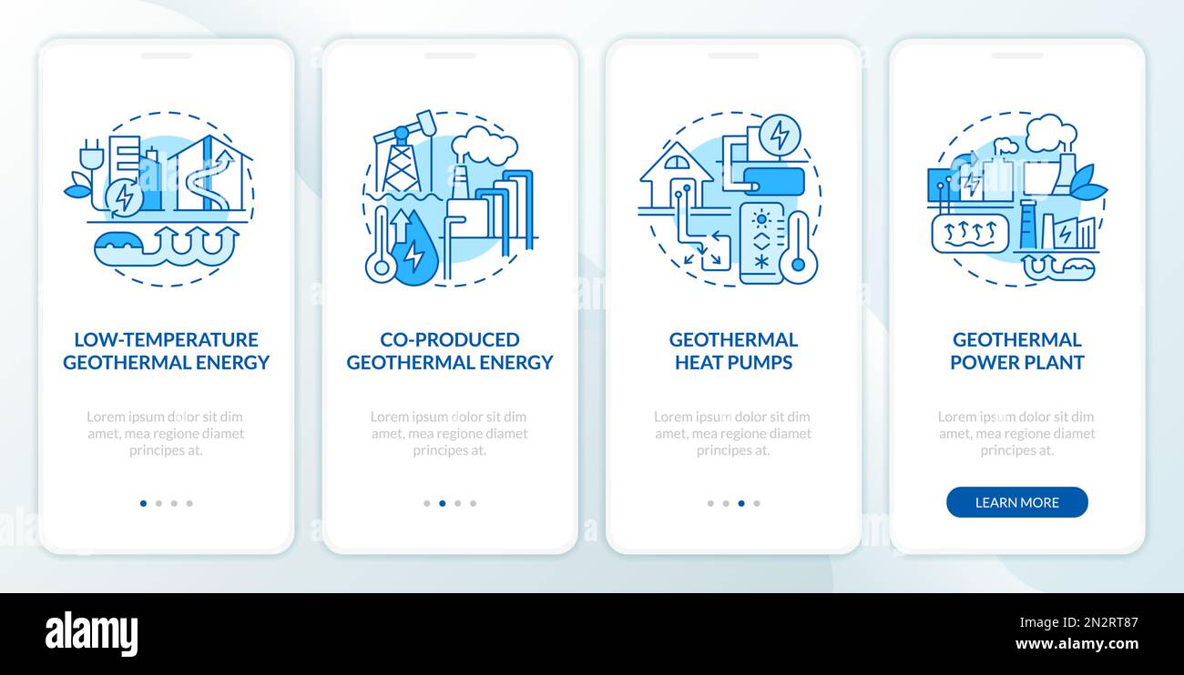 Types of geothermal energy blue onboarding mobile app screen Stock ...