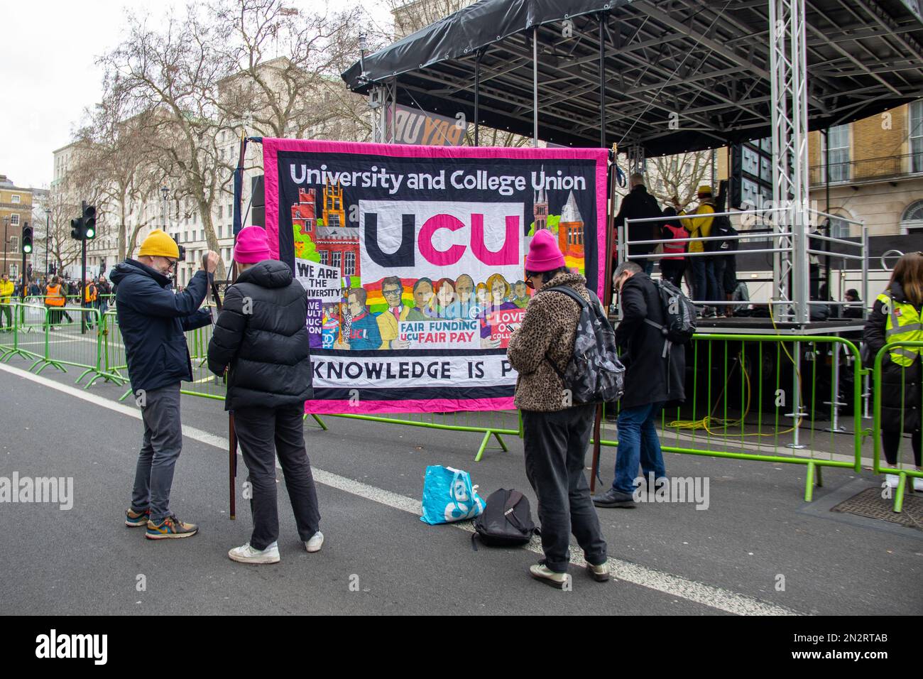 London, UK - 1 Feb, 2023. Protesters in Whitehall after marching from BBC in Protect The Right To Strike and Pay Up march. Thousands of teachers, work Stock Photo