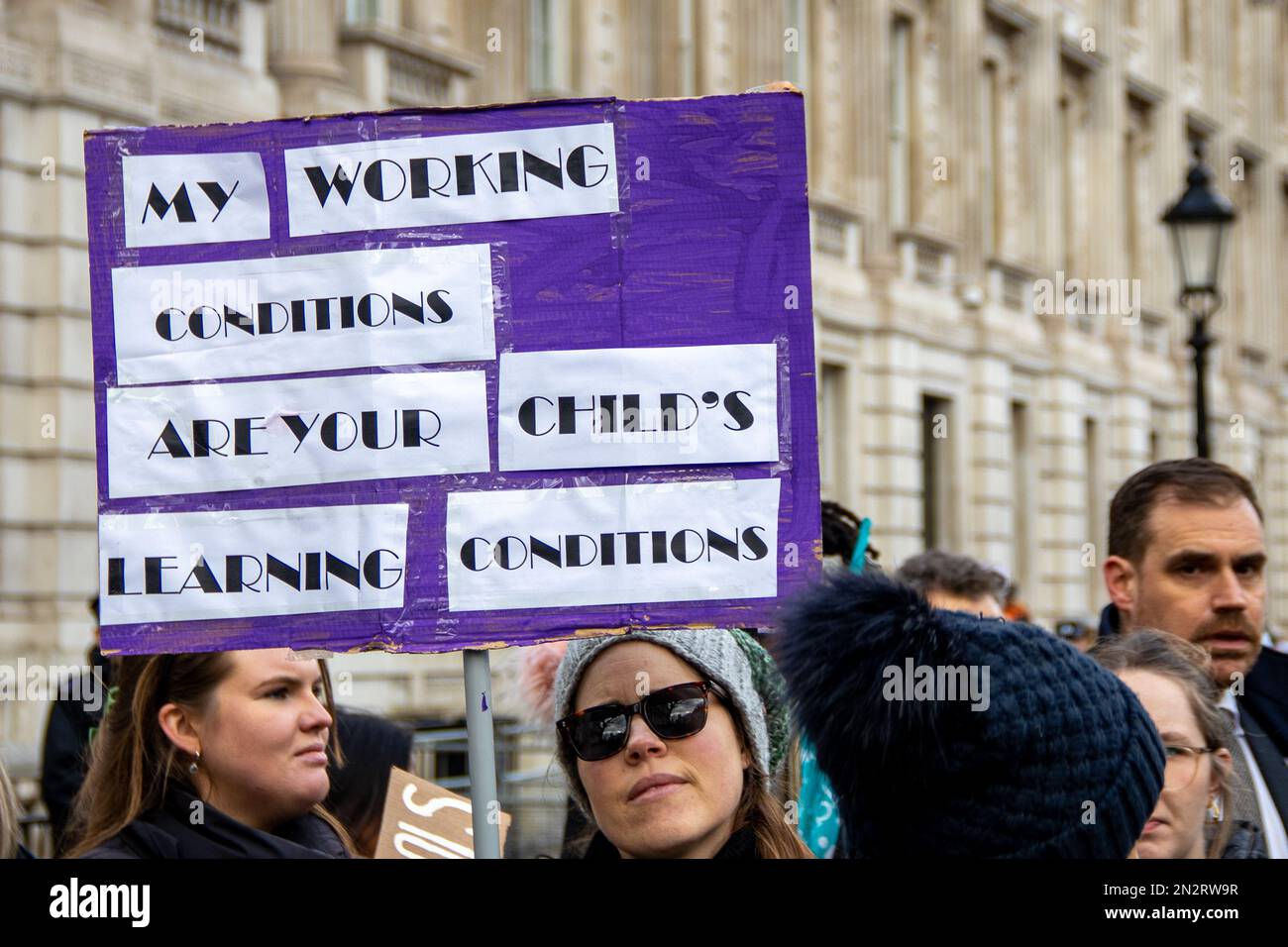 London, UK - 1 Feb, 2023. Protesters in Whitehall after marching from BBC in Protect The Right To Strike and Pay Up march. Thousands of teachers, work Stock Photo