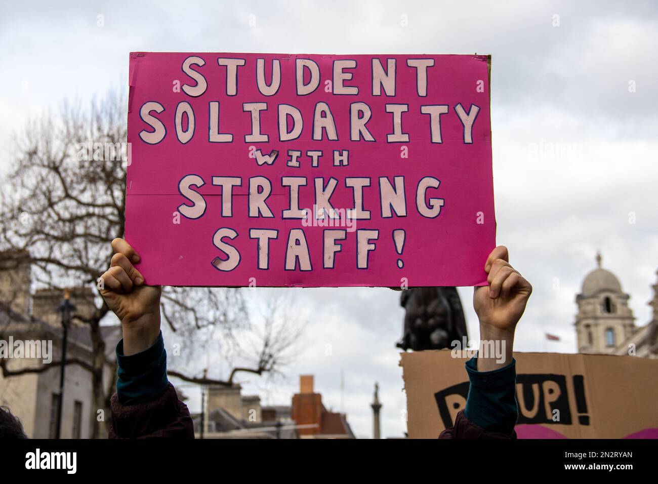 London, UK - 1 Feb, 2023. Protesters in Whitehall after marching from BBC in Protect The Right To Strike and Pay Up march. Thousands of teachers, work Stock Photo