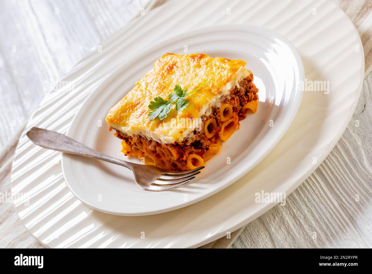 cllose-up of Greek Pastitsio of macaroni, ground meat, grated cheese ...