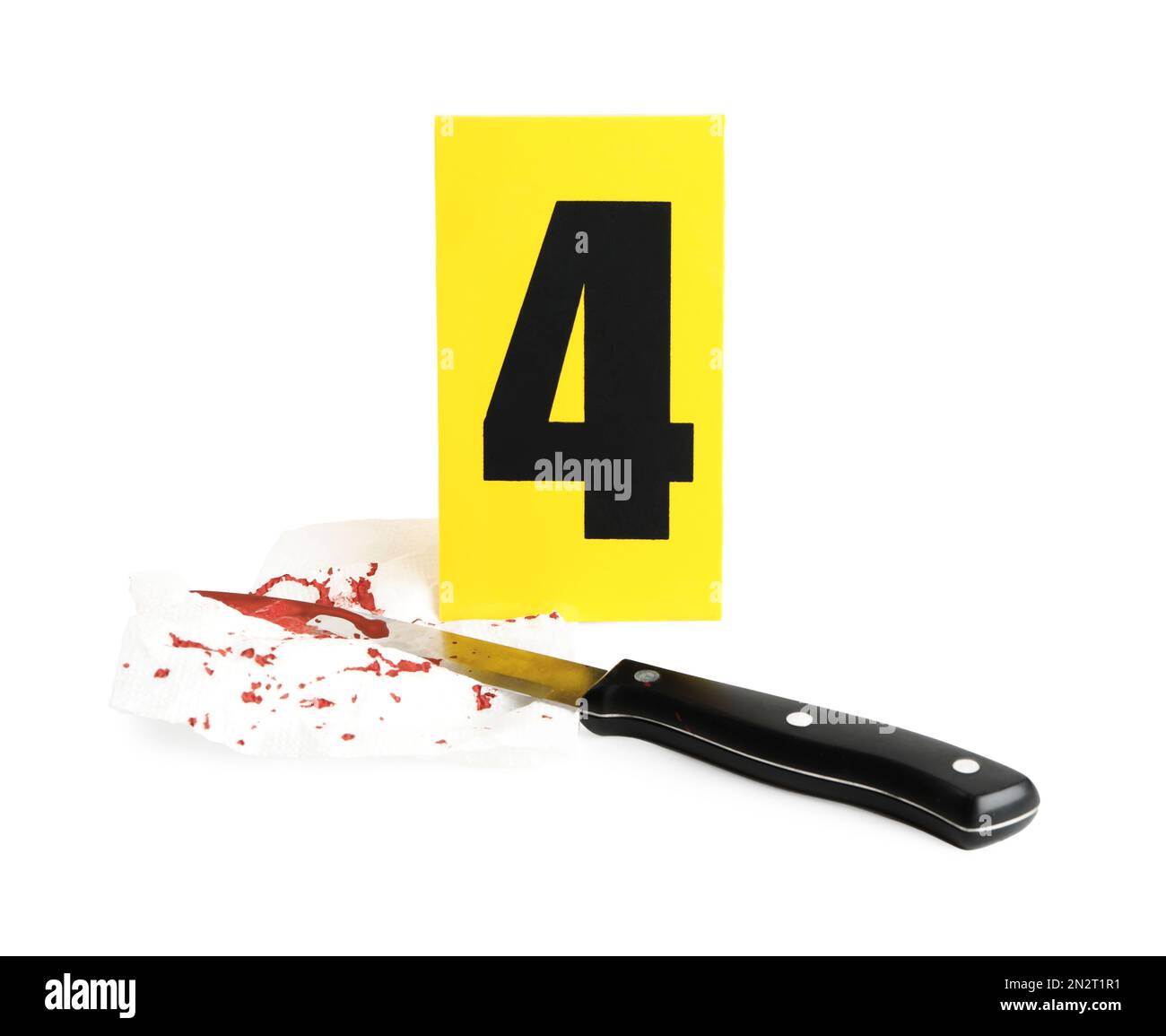 Bloody knife, napkin and crime scene marker with number four isolated on white Stock Photo