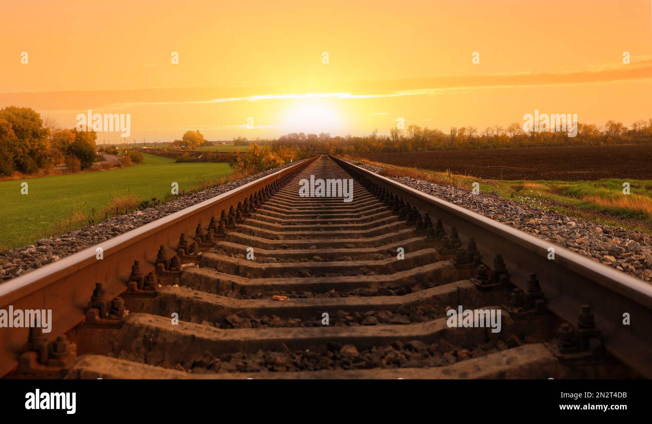 Railway line with track ballast in countryside. Train journey Stock Photo Alamy