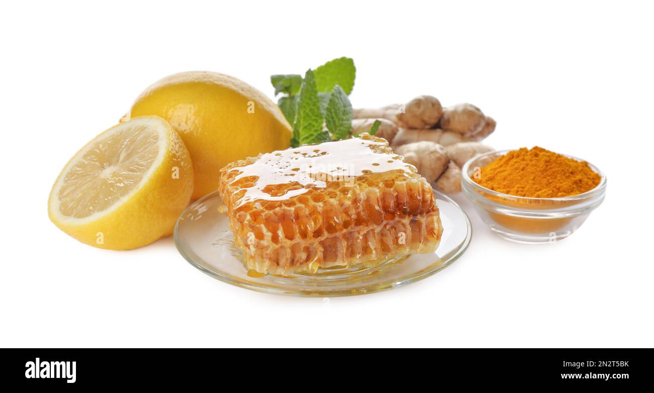 Composition with different natural antibiotics on white background Stock Photo