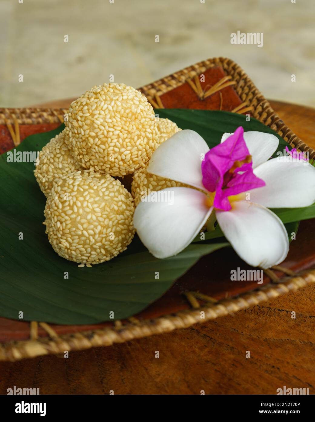 Closeup of a bowl of traditional Indonesian sesame seed Onde onde