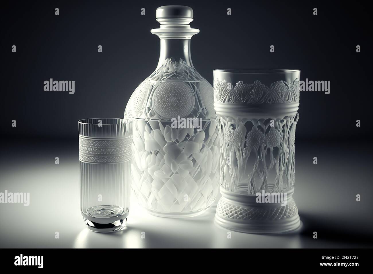Glass carafe and two glasses with carved patterns Stock Photo