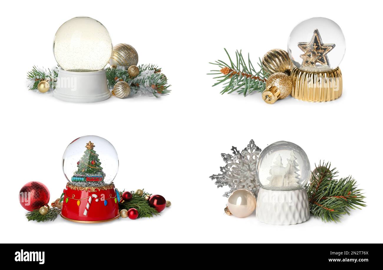 Set of different beautiful snow globes on isolated on white Stock Photo