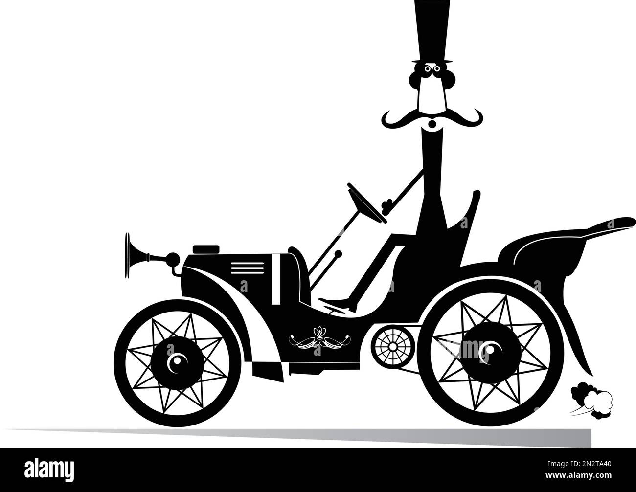 Mustache man drives a retro car isolated. Smiling mustache man in the