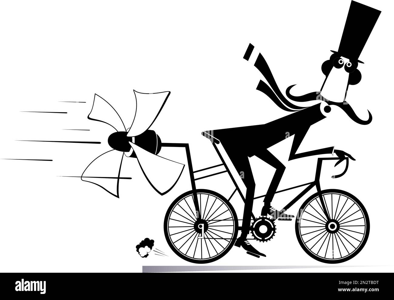 Cartoon mustache man in the top hat rides on the bicycle and tries to
