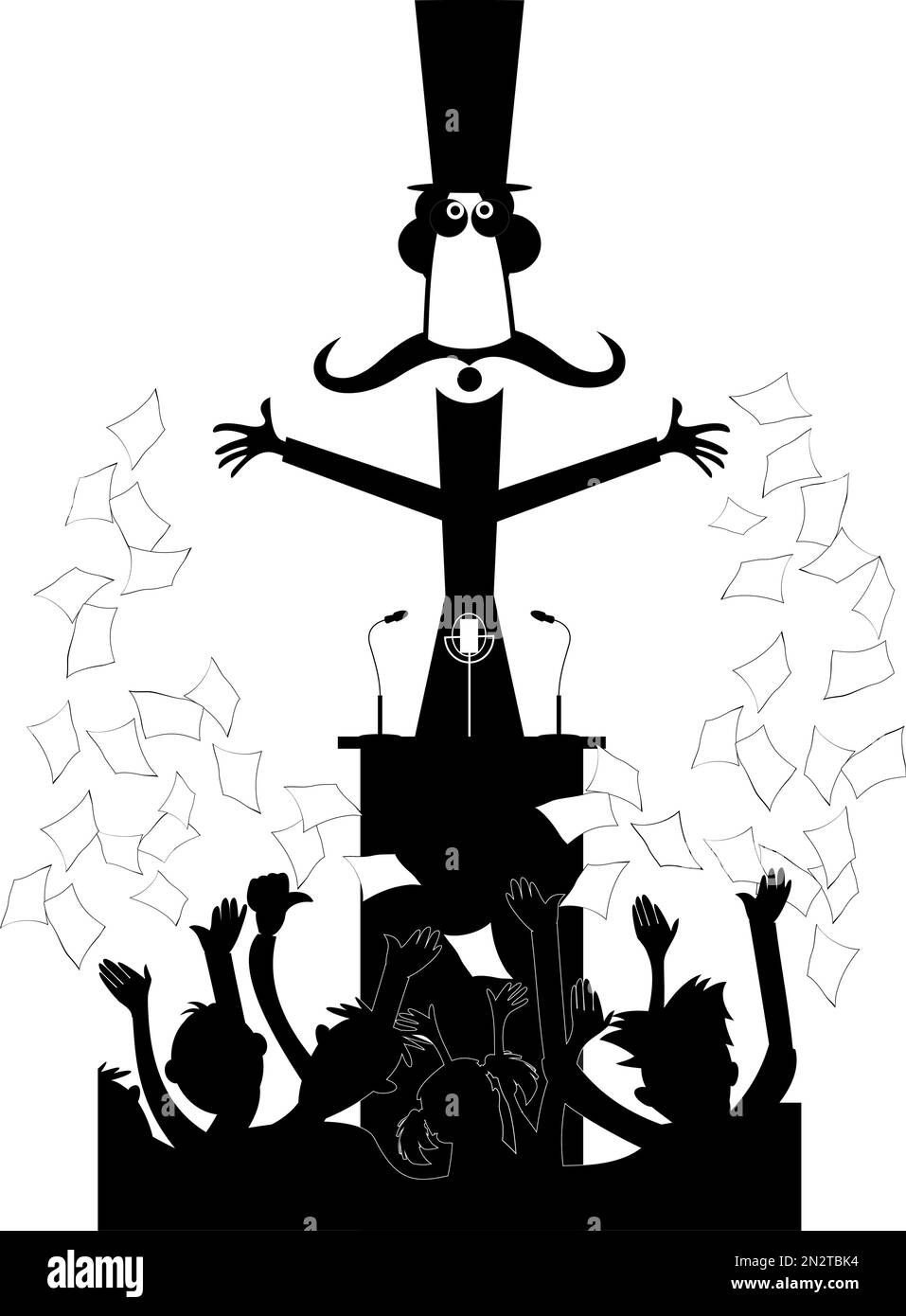 Mustache man in the top hat stays on the tribune in front the crowd of the people and makes a speech Stock Vector