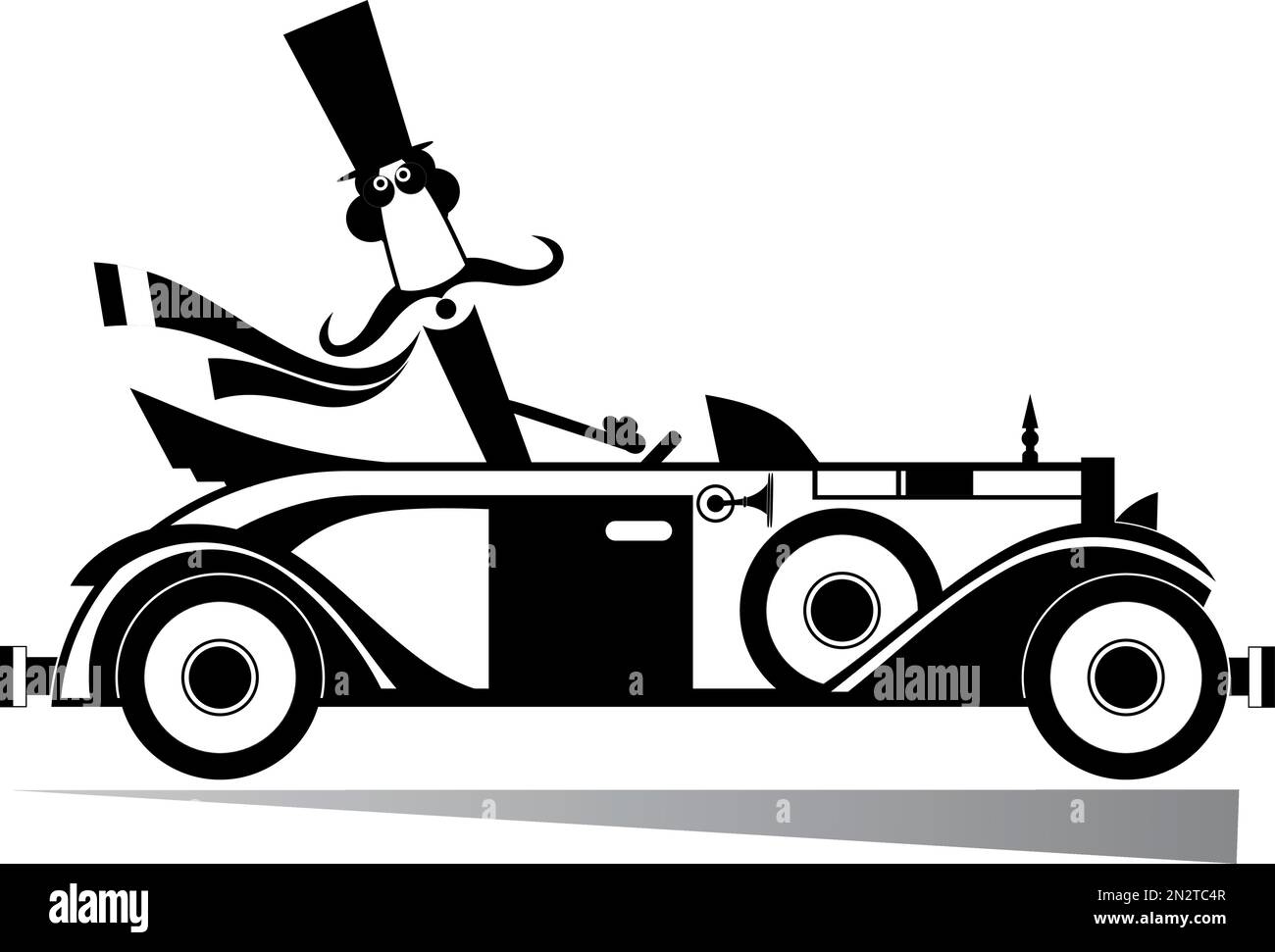 Mustache man drives a retro car isolated. Smiling mustache man in the