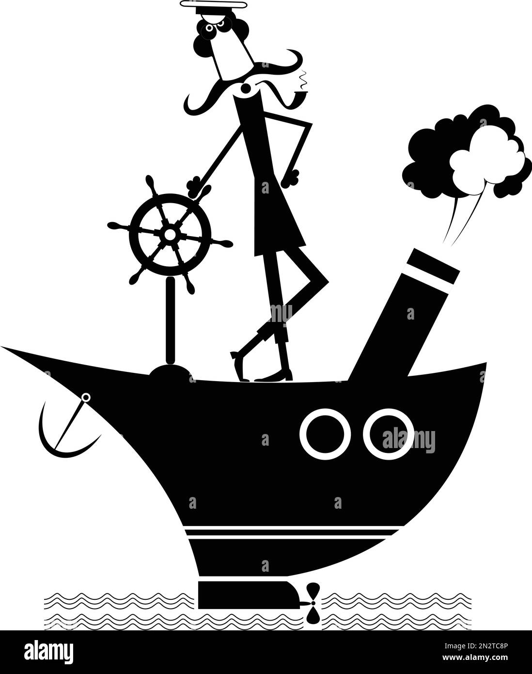 Mustache captain of the ship isolated on white. Brave captain with a pipe standing on the ship Stock Vector