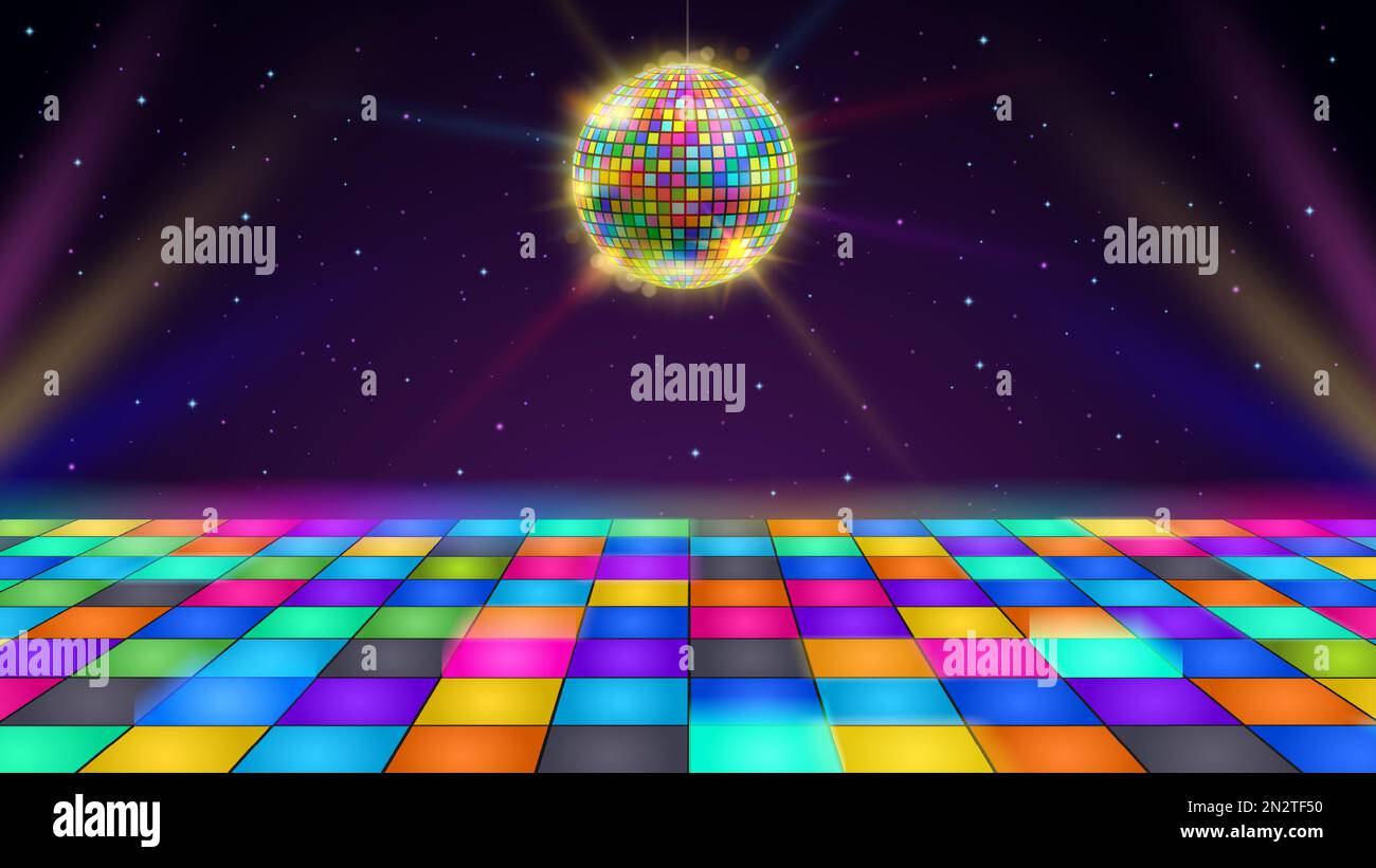 Disco dance floor. Retro party scene with LED squares grid glowing