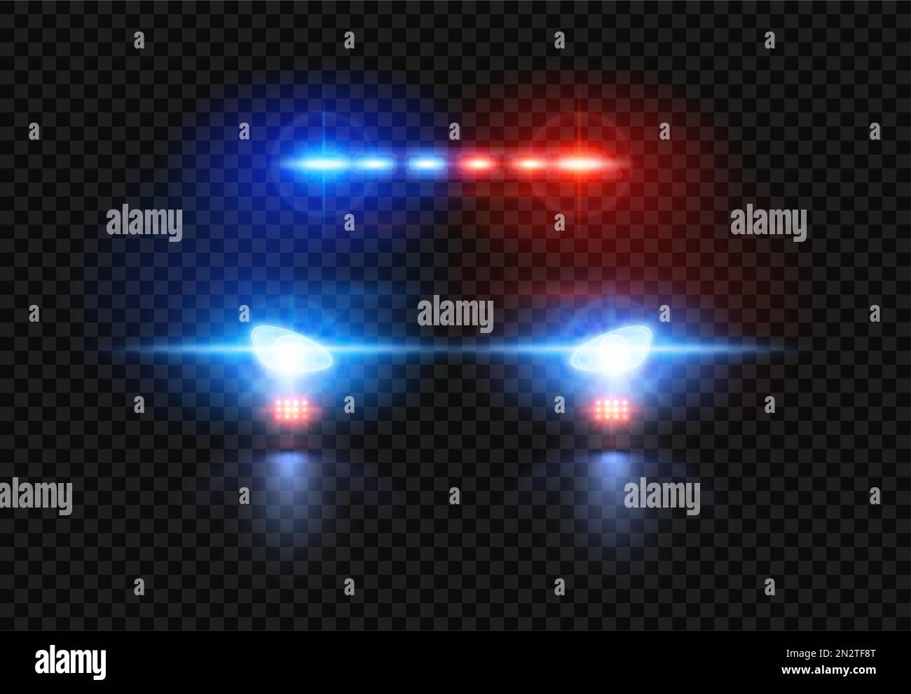 Police car headlights. Emergency flashing light, pursuit light siren