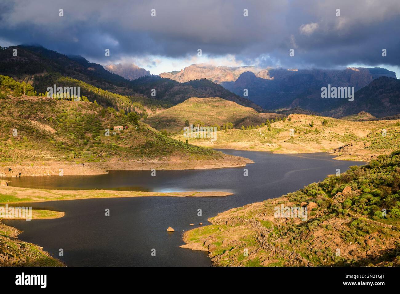 Aerial view of Presa de las Ninas dam, Roque Nublo Rural Park, Tejeda, Gran Canaria, Canary Islands, Spain Stock Photo