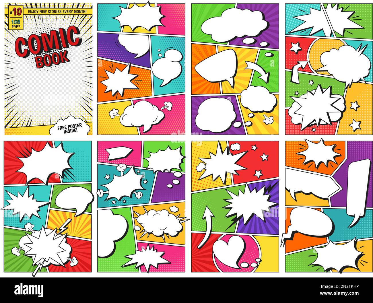 Comic book templates. Comics magazine cover and pages grid layouts with speech balloon frames vector set Stock Vector