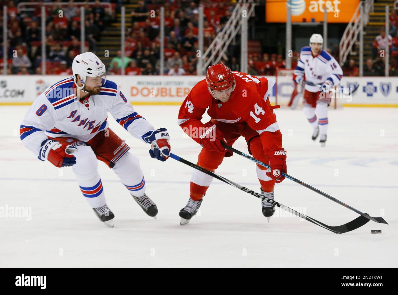 New York Rangers defenseman Kevin Klein (8) pokes the puck from Detroit ...