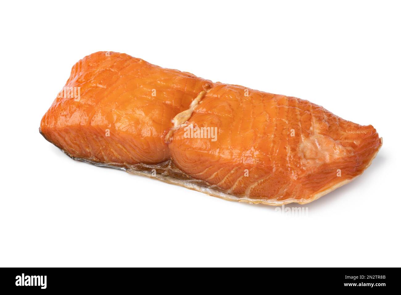 Piece of smoked scandinavian salmon filet close up isolated on white background Stock Photo