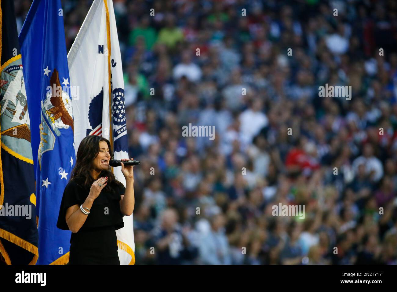 Idina Menzel sings the national anthem before the NFL Super Bowl XLIX