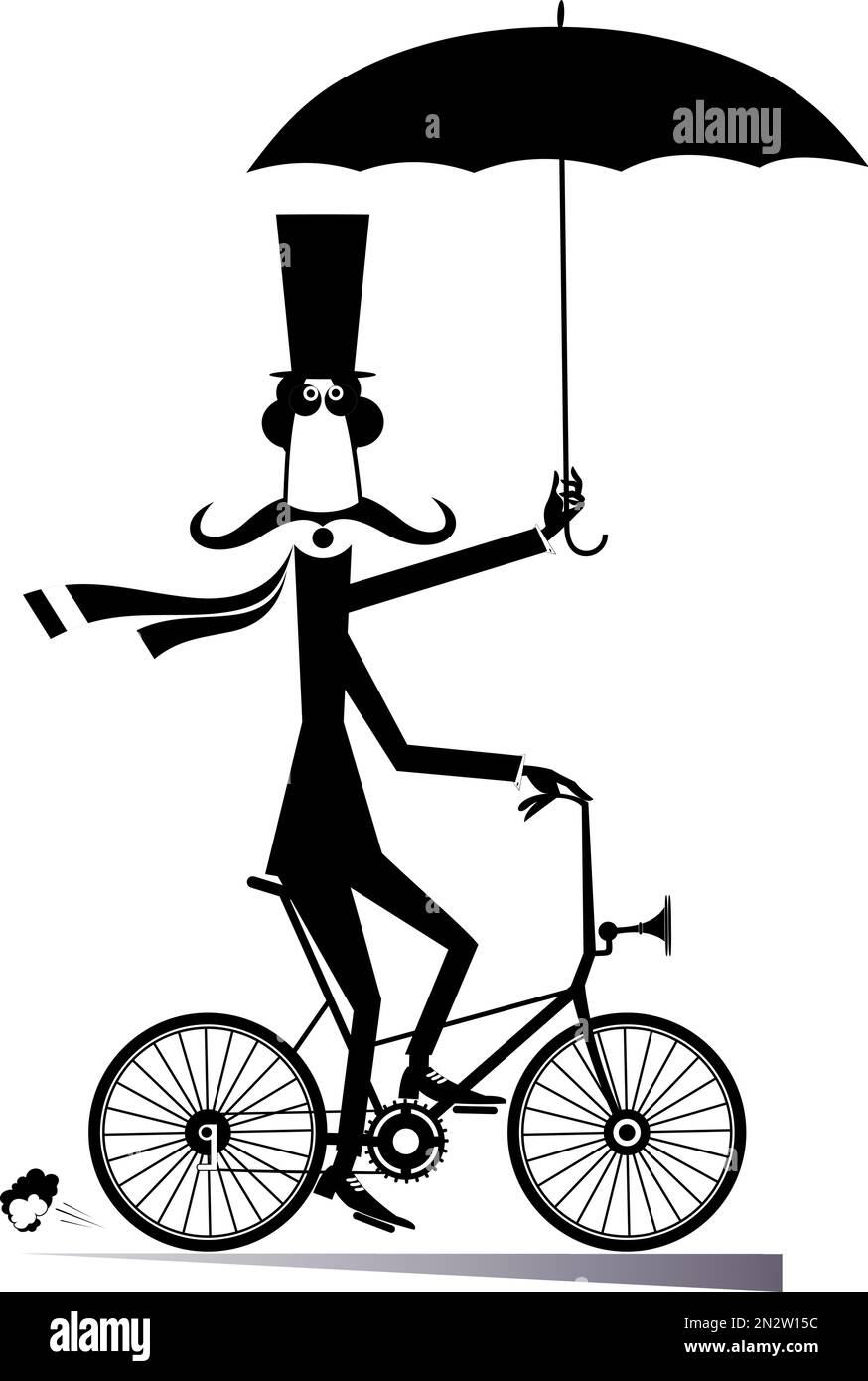 Cartoon long mustache man in the top hat with umbrella rides on the