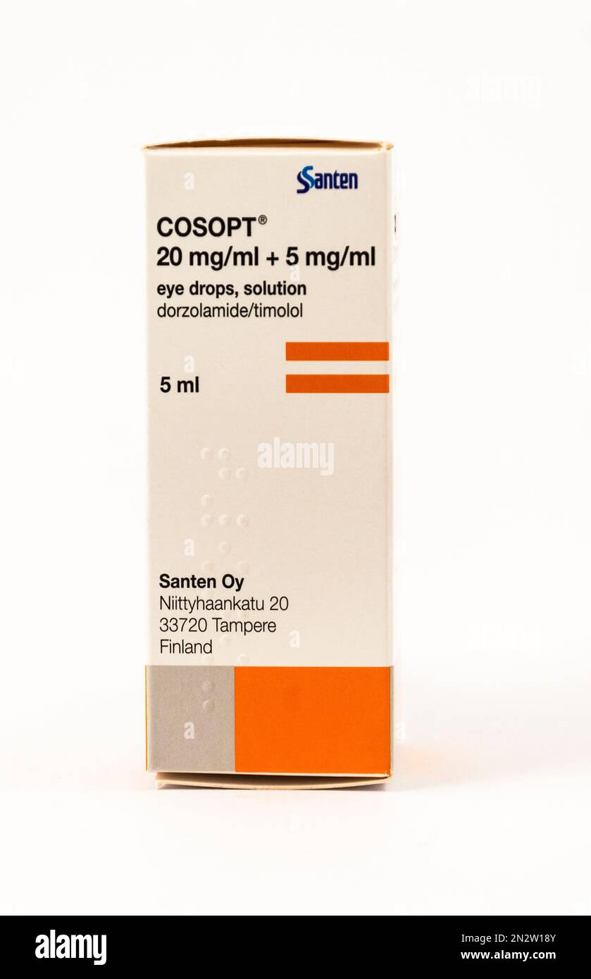 Cosopt: an eye drop solution used to treat high pressure. active ingredients: Dorzolamide/timolol Stock Photo