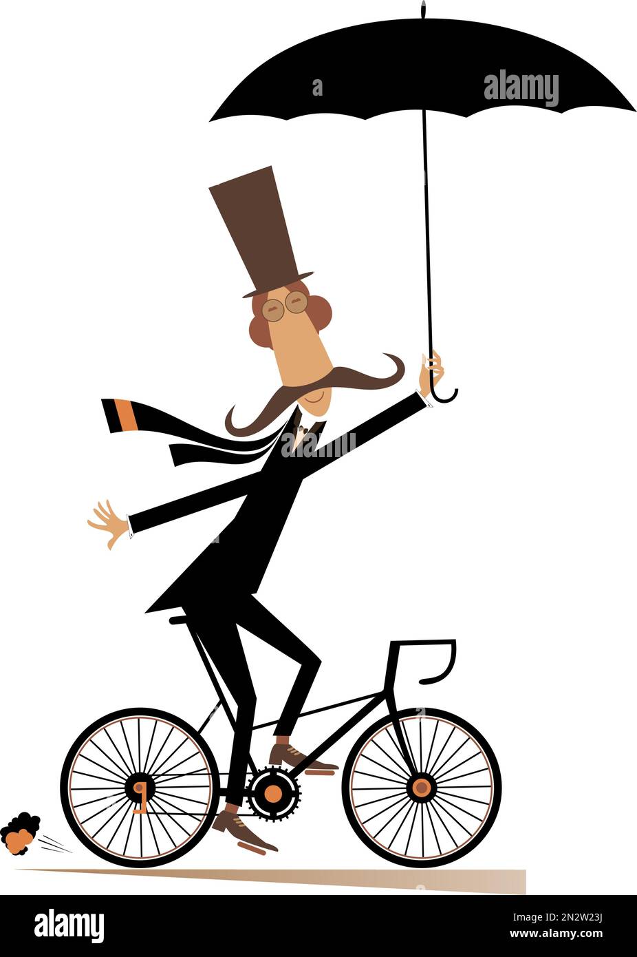 Cartoon long mustache man in the top hat with umbrella rides on the