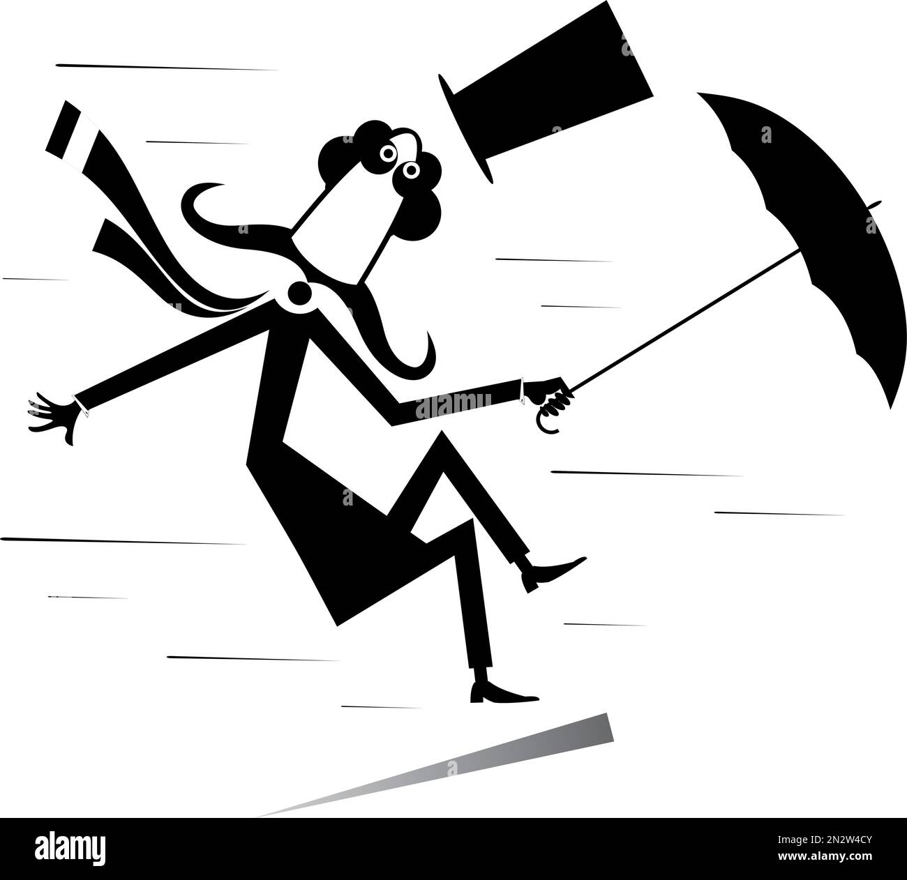 Cartoon man, umbrella and windy day isolated. Funny long mustache man