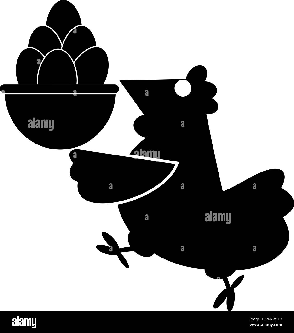 Funny hen holds a basket full of eggs illustration. Cartoon hen holds a basket full of eggs black on white illustration Stock Vector