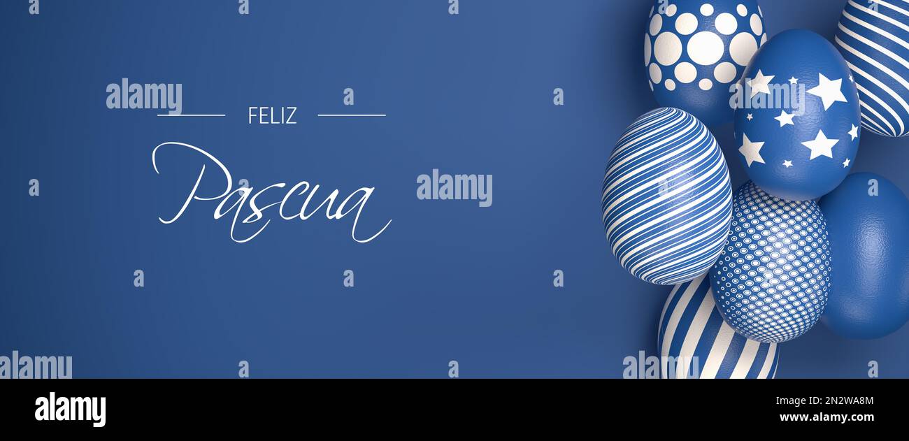 Easter Eggs with different textures in classic blue over a seamless blue background. Text 'Happy Easter' in Spanish 'Feliz Pascua' Stock Photo