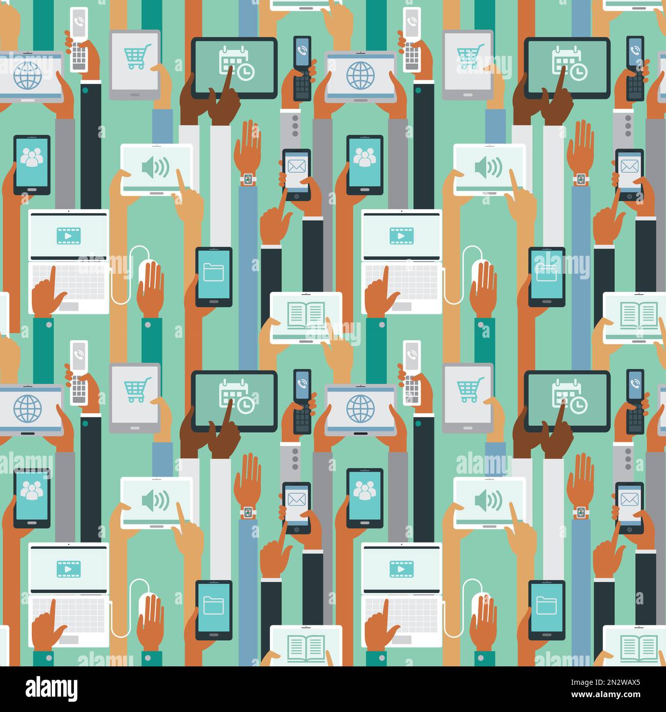 Human hands holding smart devices seamless pattern Stock Vector
