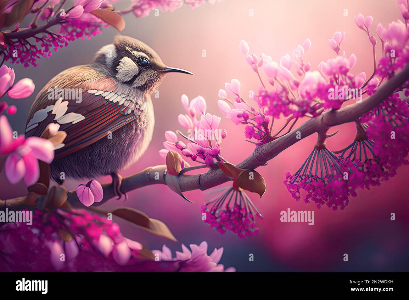 Spring has arrived and nature is ablaze with color. A beautiful bird sits  amidst a sea of pink flowers, adding to the joy of the new season. The  Stock Photo - Alamy