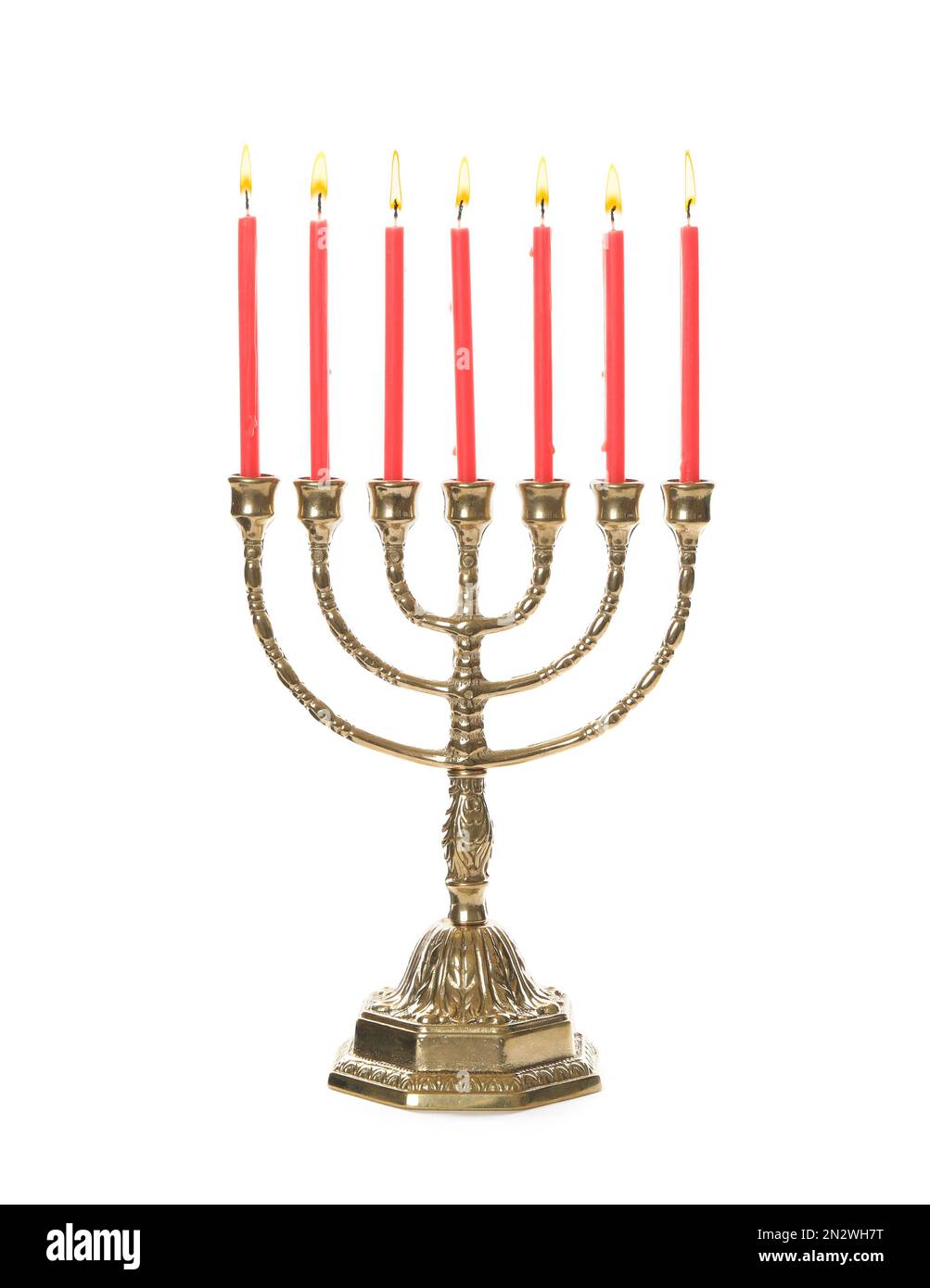 Golden menorah with burning candles on white background Stock Photo Alamy