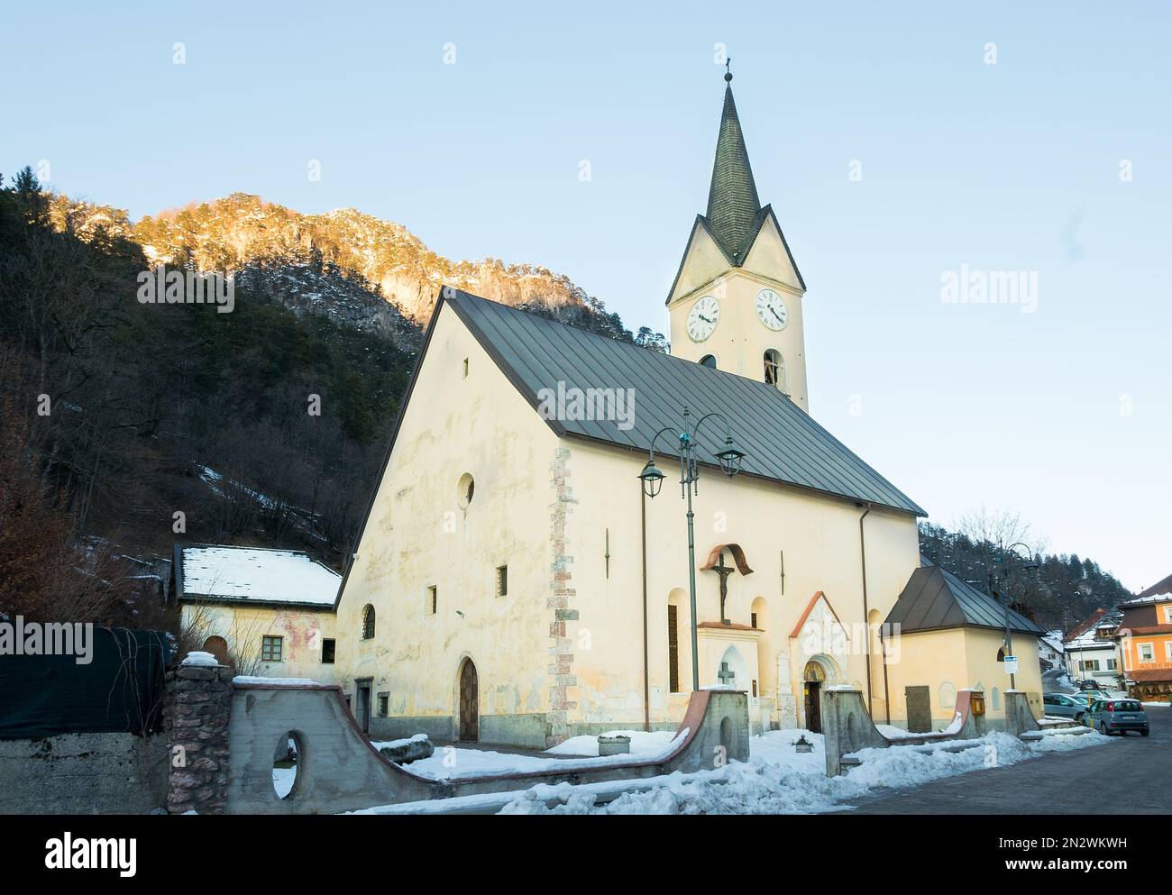 Malborghetto (Italy) - The church dedicated to the visitation of the Virgin Mary and St. Anthony was built partly in the 16th and in the18th century Stock Photo