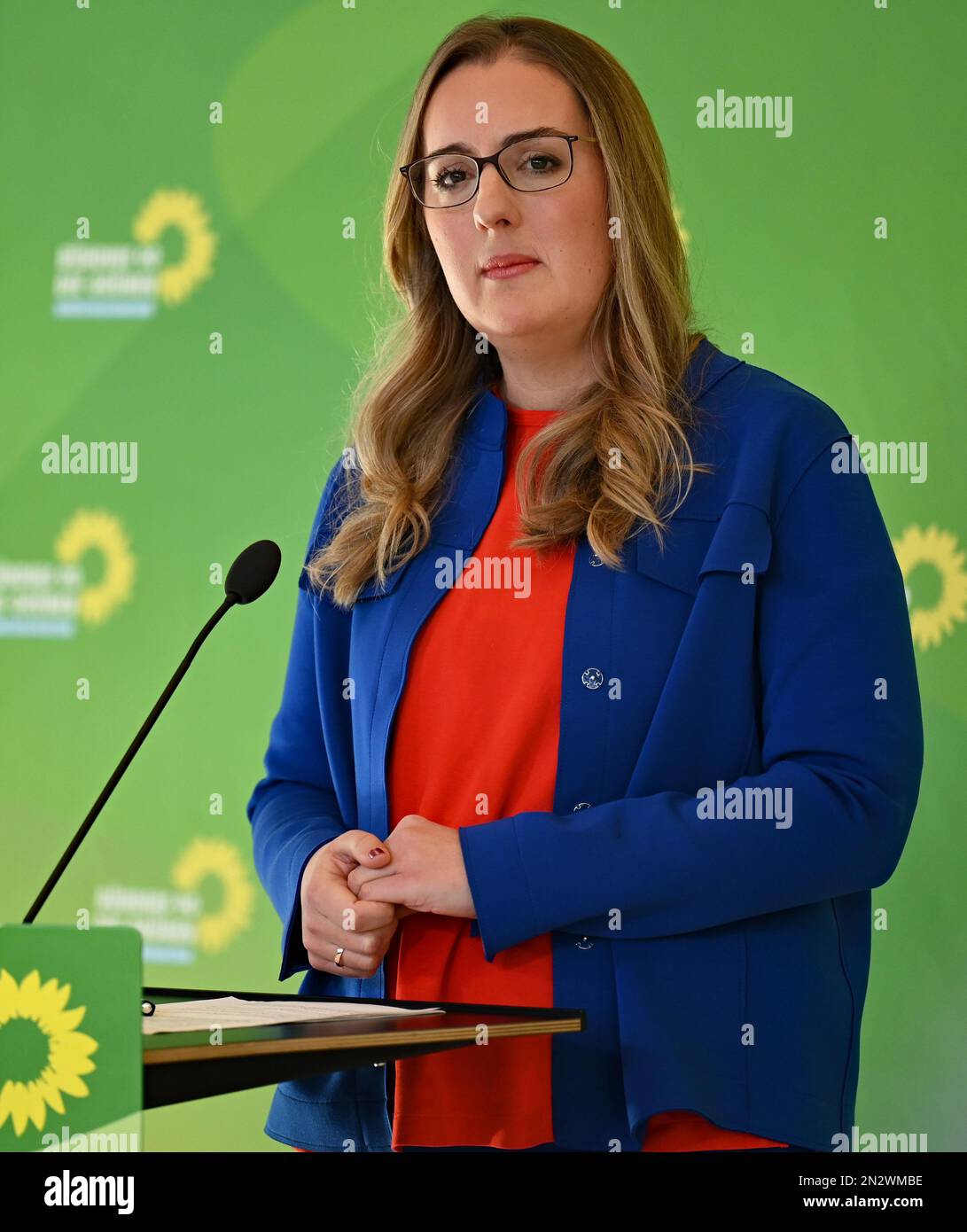 Berlin, Germany. 07th Feb, 2023. Katharina Dröge, parliamentary group leader of Bündnis 90/Die Grünen, gives a press statement at the beginning of her party's parliamentary group meeting. Credit: Philipp Znidar/dpa/Alamy Live News Stock Photo