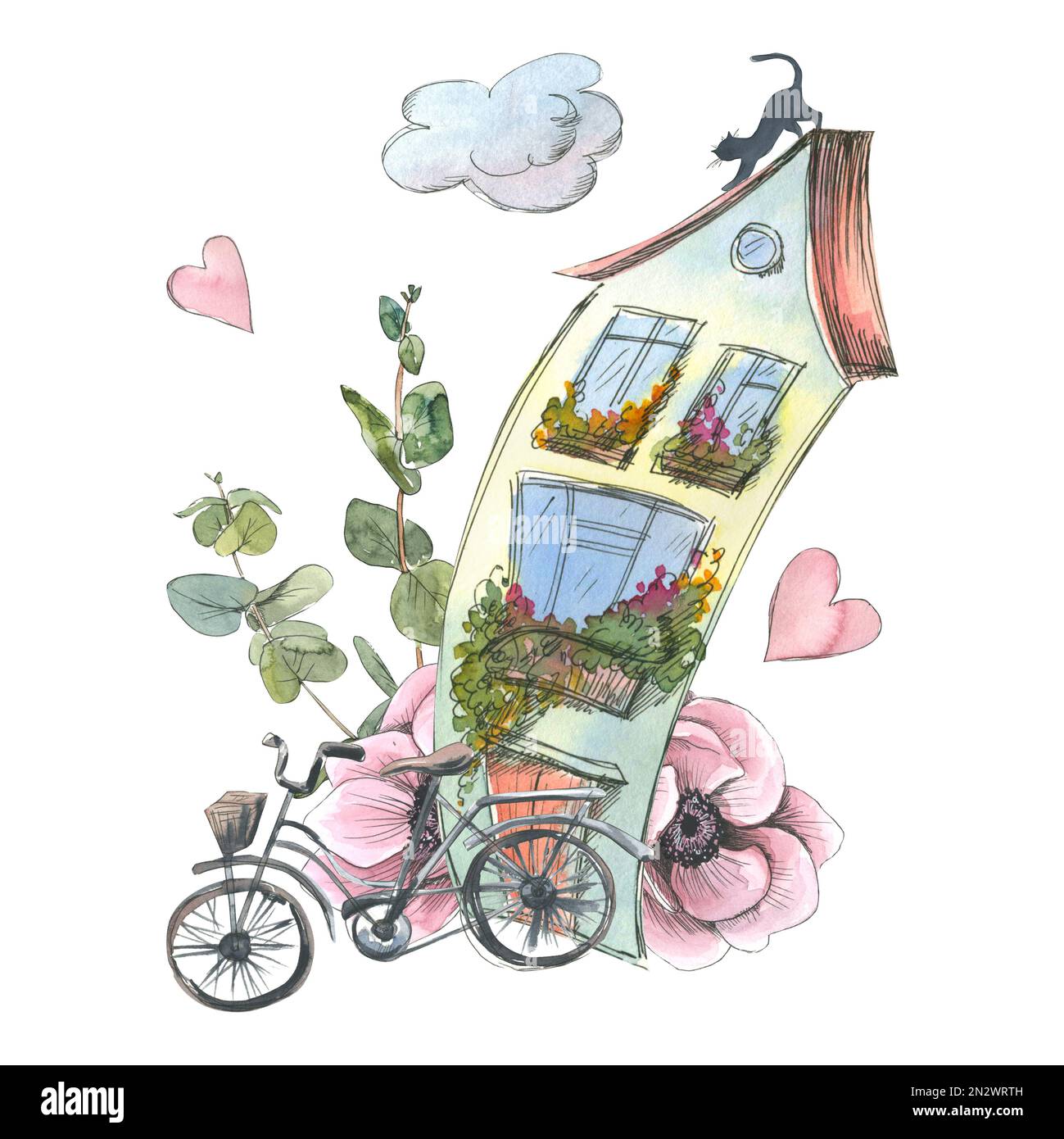 A cute European house with a bicycle, a cat, pink anemone flowers, eucalyptus twigs, hearts and clouds. Watercolor illustration in sketch style with Stock Photo
